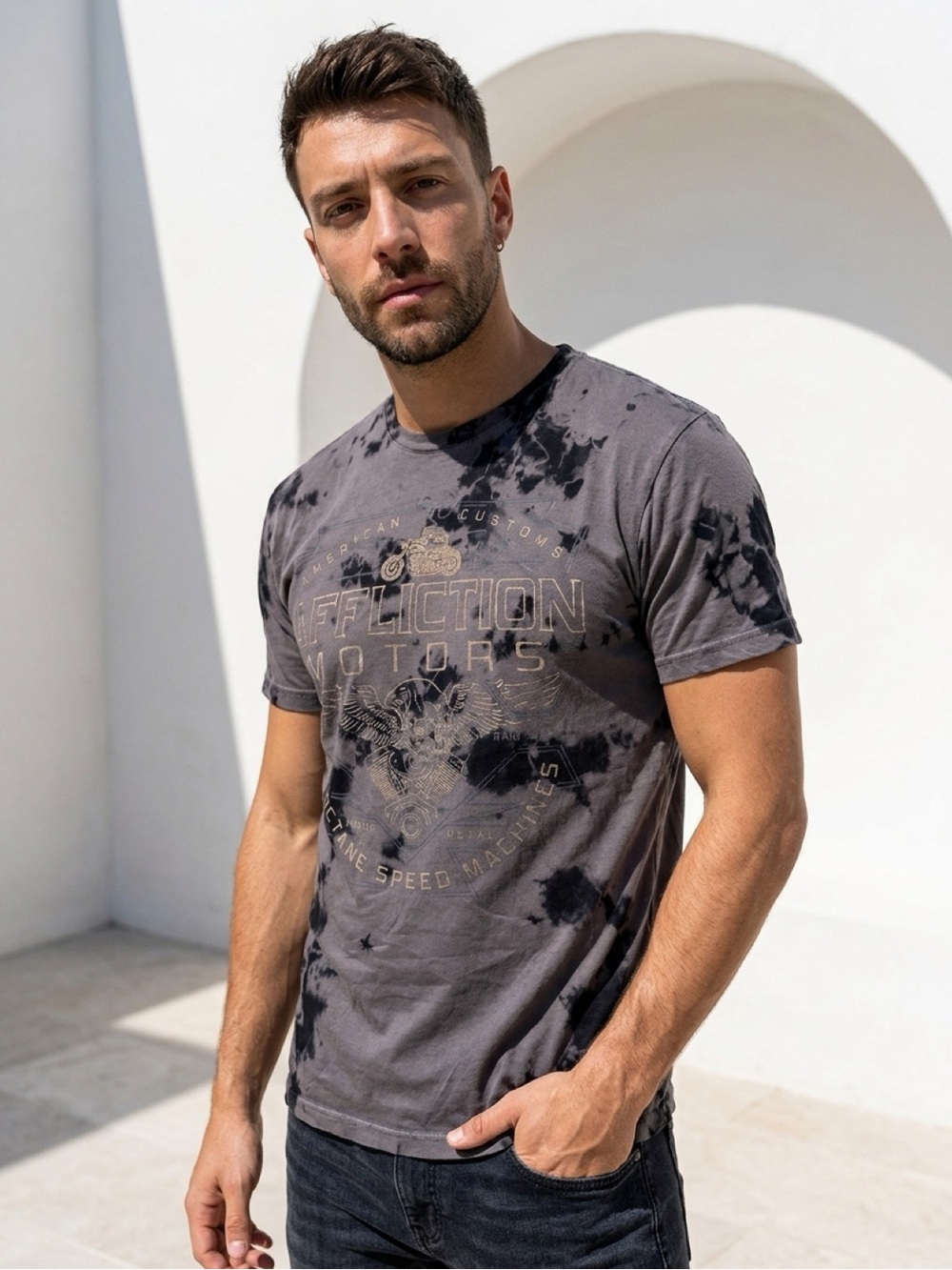 Affliction Black & Charcoal Tie-Dye Graphic Tee